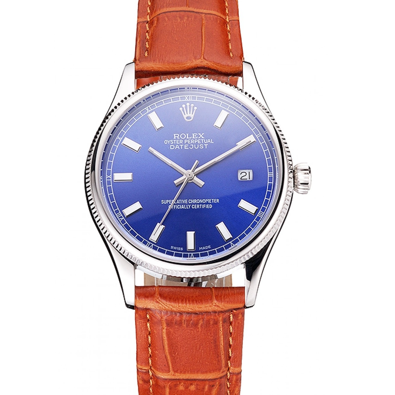 Best AAA Replica Sites Stainless Leather Swiss Case Rolex Steel Dial Blue Light Strap Brown Datejust 0701